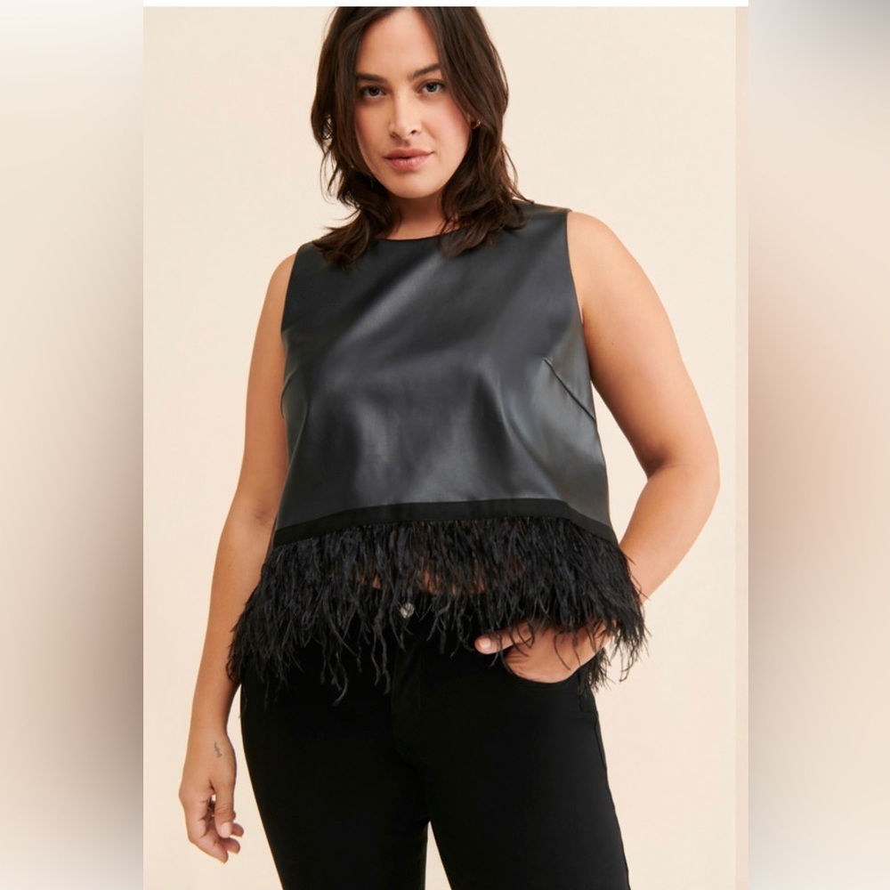 Anthropologie Black Faux-Leather Tank with Feather Trim